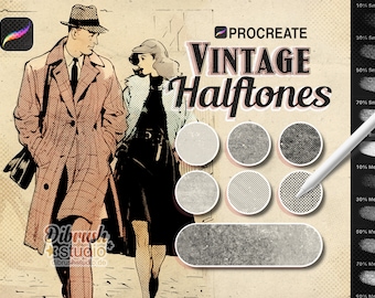 Puede incluir: Una ilustración digital de un hombre y una mujer en estilo de cómic vintage. La imagen está rodeada de una colección de patrones y texturas de semitonos etiquetados como "Vintage Halftones" y "Procreate".
