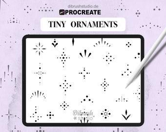 May include: A digital illustration of a collection of tiny ornaments, displayed on a white background. The ornaments are made up of small dots and lines, forming various shapes, including stars, crosses, and arrows. The text "Tiny Ornaments" is displayed at the top of the image.