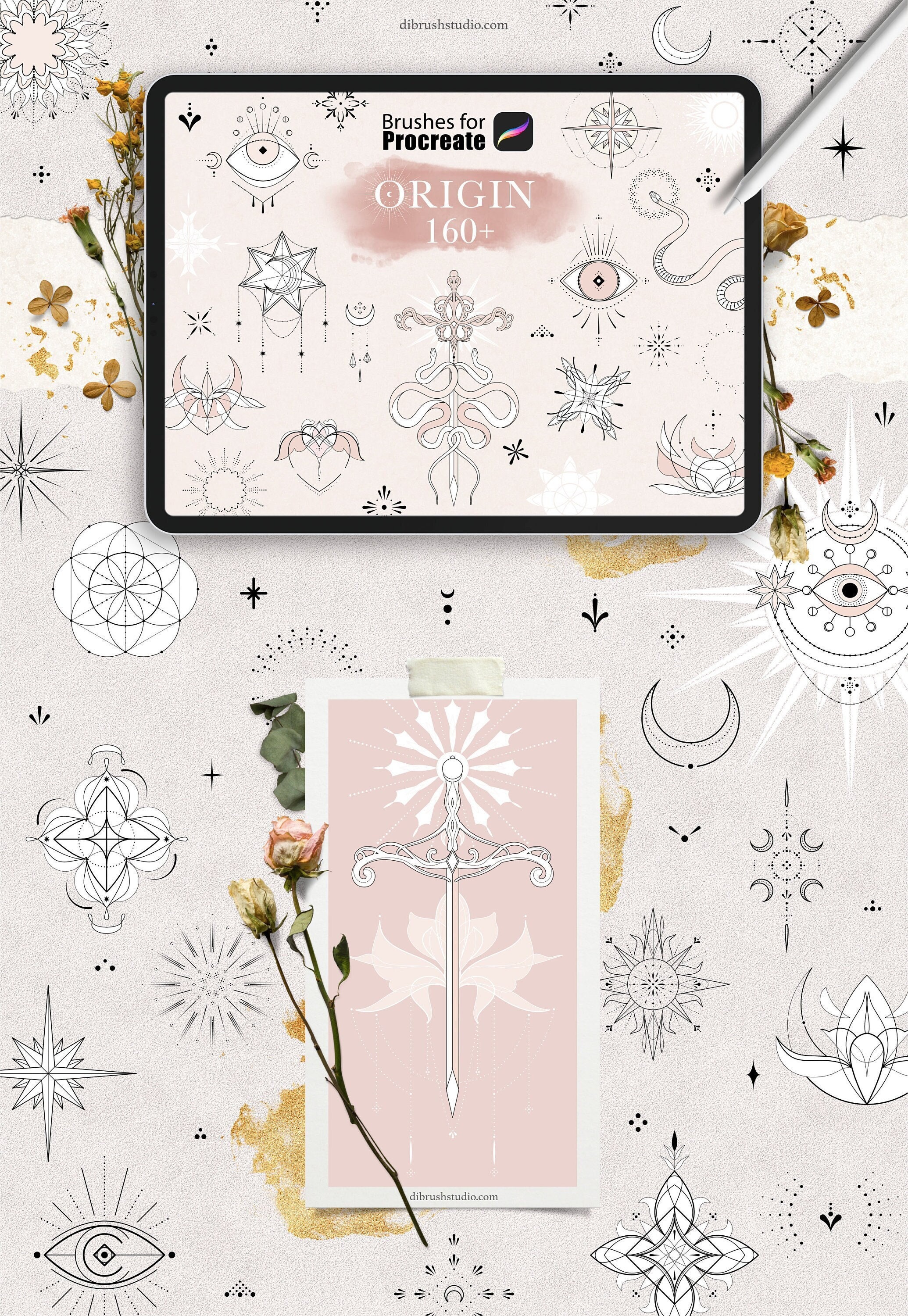 Procreate Origin Brushset â 160+ Fineline Tattoo & Witchcraft Stamps: Snakes, Tarot, Moon, Stars, Celestial, Wicca (Commercial Use)