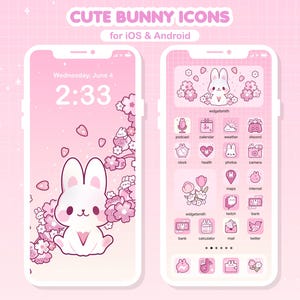 May include: A pink and white phone screen with a cute bunny illustration and a pink floral background. The phone screen displays the time 2:33 and the date Wednesday, June 4. The phone screen also shows a grid of app icons with bunny illustrations.