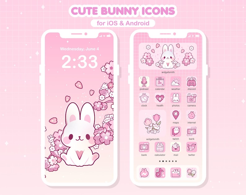 May include: A pink and white phone screen with a cute bunny illustration and a pink floral background. The phone screen displays the time 2:33 and the date Wednesday, June 4. The phone screen also shows a grid of app icons with bunny illustrations.