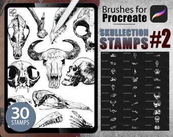30 Procreate Brushes - Skullection Brushset #2 Bones Tattoo Skull Download Stamp