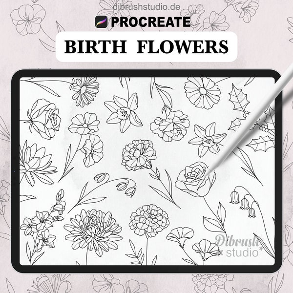 Procreate ∙ Geboortebloemen Tattoo Fineline-stempels ∙ Commercieel gebruik ∙ Procreate-penselen