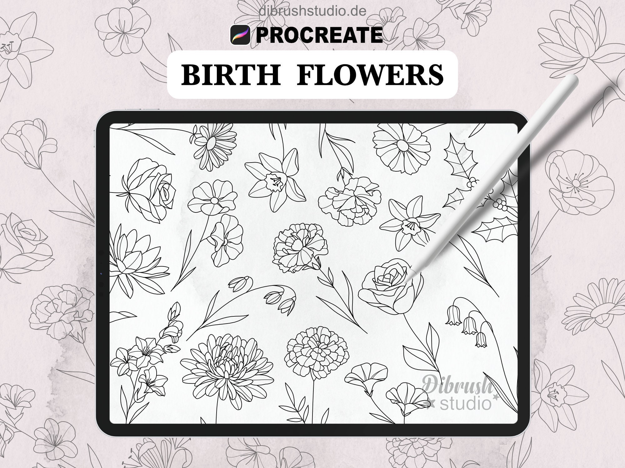 Procreate 誕生花 ファインライン タトゥー スタンプ・フローラル ブラシセット・商用ライセンス付き