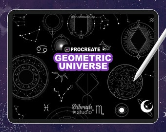 May include: A digital illustration of a geometric universe with constellations, planets, and zodiac signs. The image is displayed on a black iPad with a white stylus. The text "Procreate Geometric Universe" is displayed in purple on the screen.