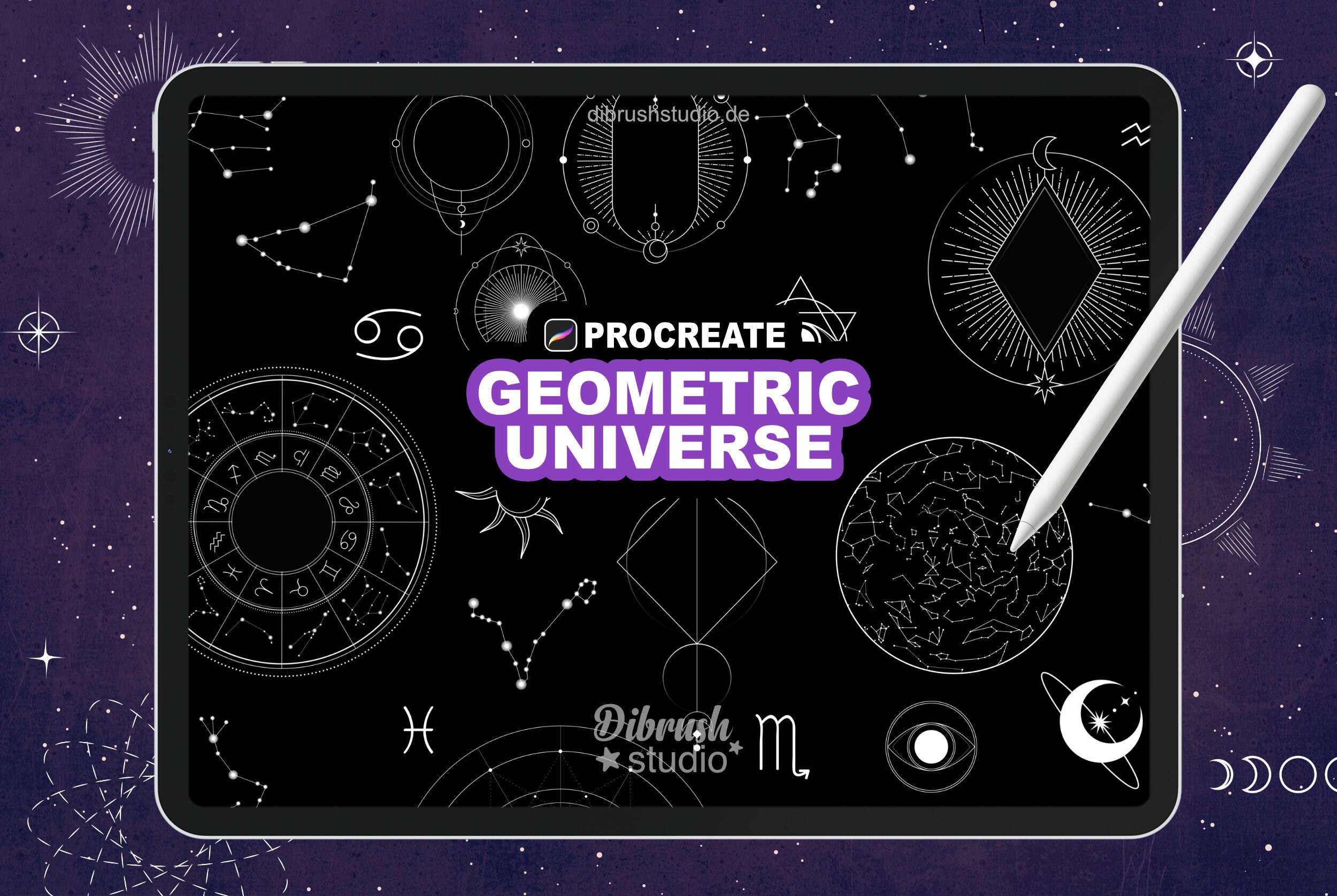 Procreate Tampons & Pinceaux Univers Géométrique – Lune, Galaxie, Constellations, Zodiaque, Art Tattoo – Usage commercial