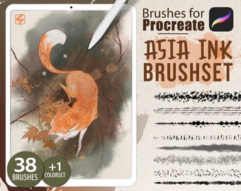 38 Procreate Brushes - Asia Ink  | Digital Paint Illustration Texture Brushset Watercolor Gouache Texture Pattern