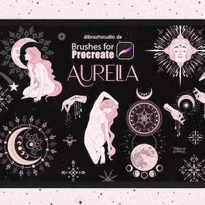Procreate - Aurelia - 145 pinceles, luna creciente, luna, estrellas, brujería, fases lunares, mano mágica