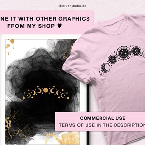 May include: A pink t-shirt with a black moon phase design and the text "COMMERCIAL USE" and "TERMS OF USE IN THE DESCRIPTION". The design features a crescent moon, a half moon, a full moon, and a waning gibbous moon.