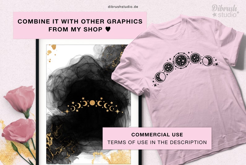 May include: A pink t-shirt with a black moon phase design and the text "COMMERCIAL USE" and "TERMS OF USE IN THE DESCRIPTION". The design features a crescent moon, a half moon, a full moon, and a waning gibbous moon.