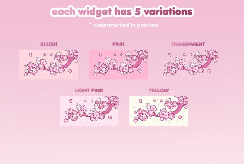 May include: Five variations of a pink cherry blossom branch with white bunnies and pink flowers. The colors are blush, pink, light pink, yellow, and transparent.