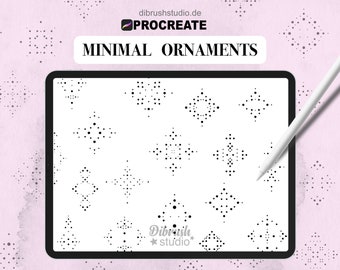 May include: A digital illustration of 15 minimalist geometric ornaments. The ornaments are made up of small black dots arranged in various shapes, including stars, diamonds, and squares. The illustration is on a white background and is labelled "Minimal Ornaments".