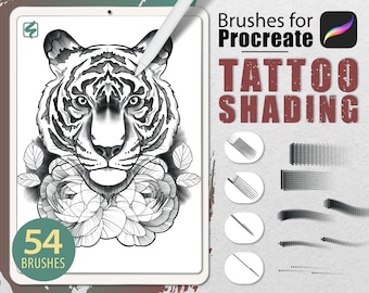 May include: A set of 54 digital brushes for Procreate, designed for tattoo shading. The brushes are displayed on a white background with a black and white illustration of a tiger's head and a rose.