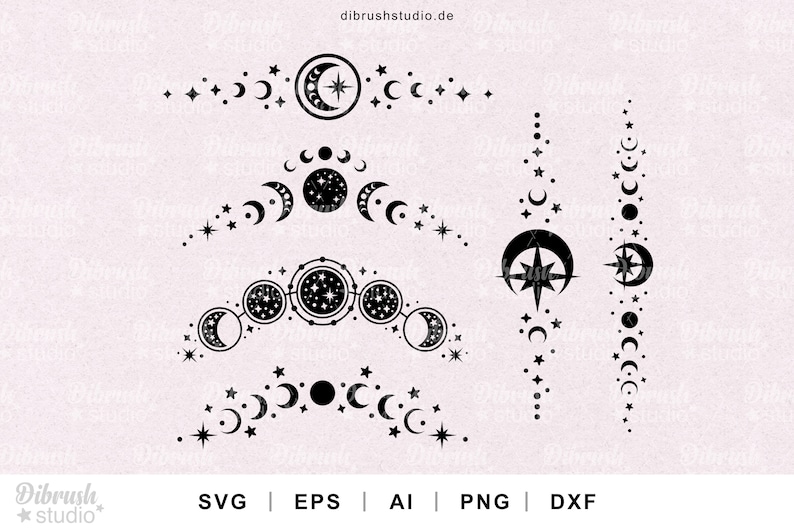 May include: A set of five black and white moon phase illustrations with stars. The illustrations include a crescent moon, a full moon, and a half moon.