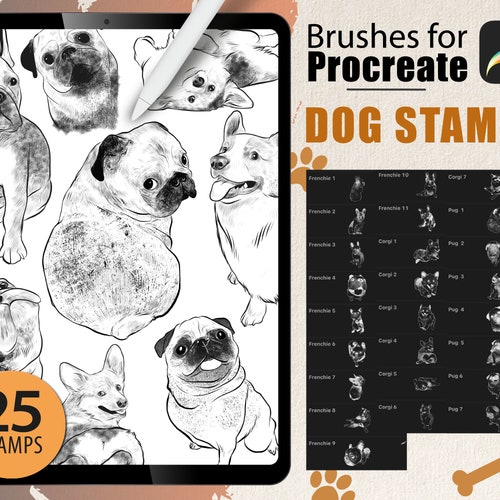 25 Procreate Brushes Dog Stamps French Bulldog Pug Etsy