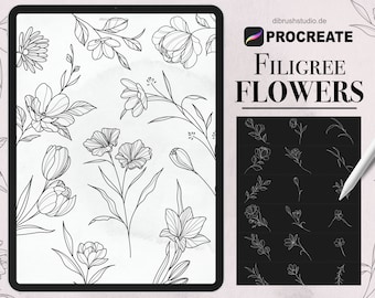 May include: A digital illustration of delicate, black line drawings of various flowers. The image is titled "Filigree Flowers" and includes the Procreate logo.