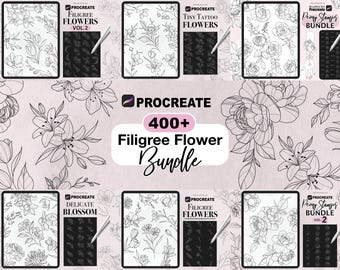 Op de afbeelding: Een digitale collectie van 400+ Procreate penseelstempels met diverse bloemmotieven. De afbeelding toont meerdere voorbeeldpanelen met zwart-wit lijntekeningen van lelies, rozen en bloesems, naast tekstlabels voor elk specifiek pakket in de bundel.