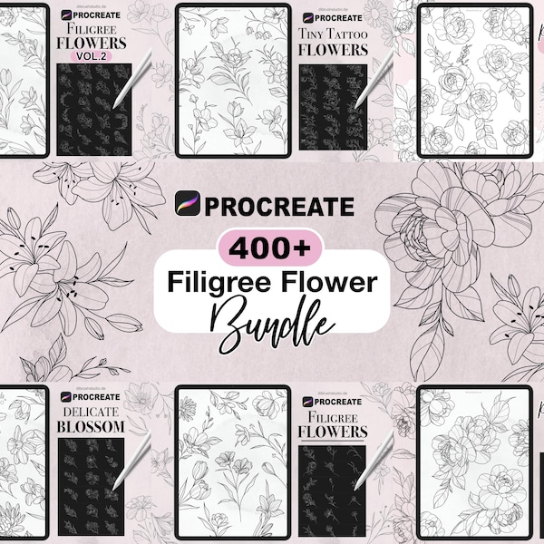 400+ Flower Tattoo Stamps Procreate: Fine Line Filigree Floral Brushes