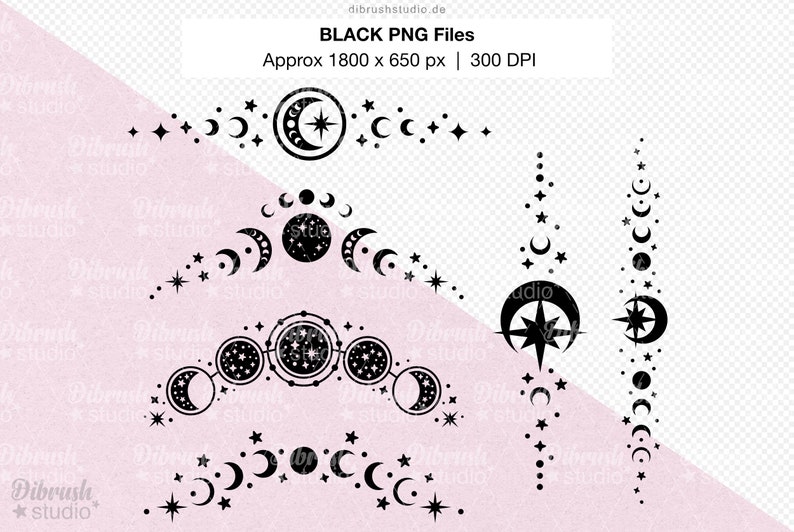 May include: A set of black and white moon phase and star illustrations. The illustrations include a crescent moon, a full moon, a half moon, and a star. The illustrations are perfect for adding a touch of magic to your designs.