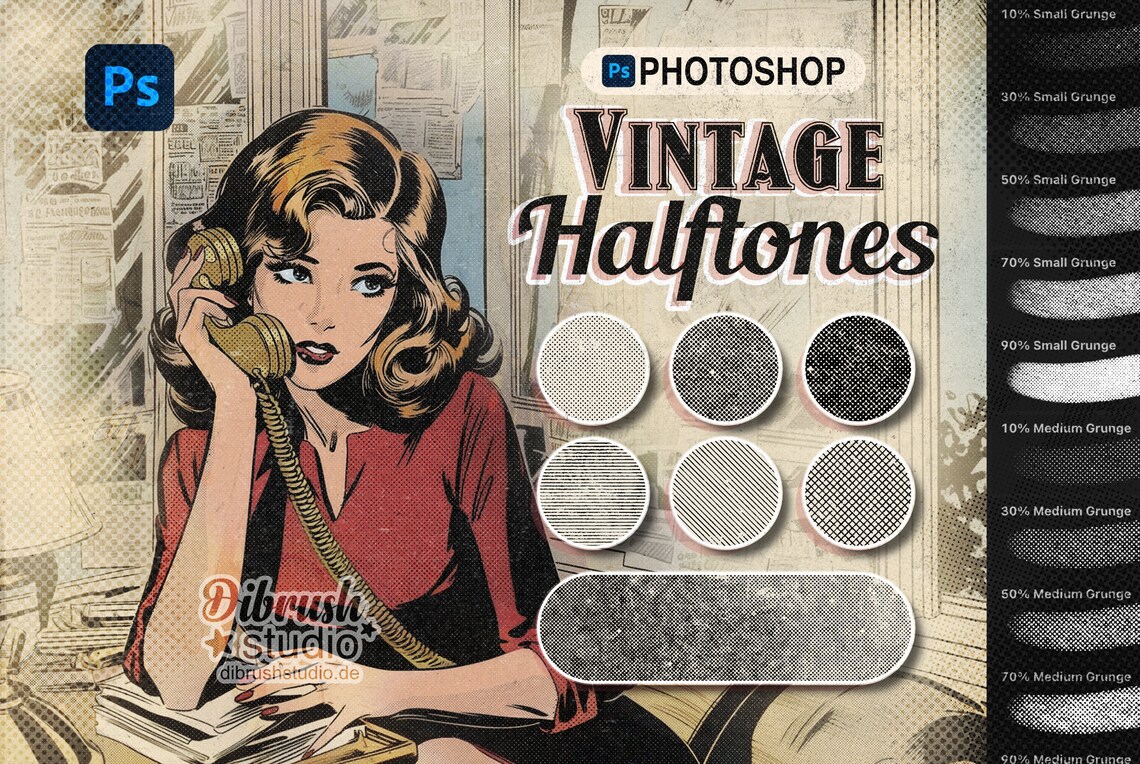 Halftone Comic Scan Photoshop ∙ Vintage Halftones Brushes ∙ Comic Screentone Grunge Brushes ...