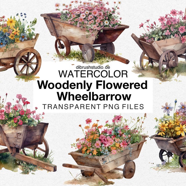 Watercolor Wheelbarrow PNG, Flowered Woodenly Wheelbarrow Clipart, Digital Scrapbook Garden Floral Spring Png, COMMERCIAL USE