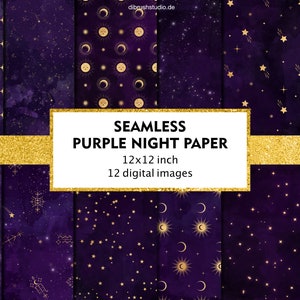 Purple Night Digital Paper - Seamless Textures, Celestial Watercolor Textures, Nightsky Scrapebook Paper, Instant Download, Printable Paper