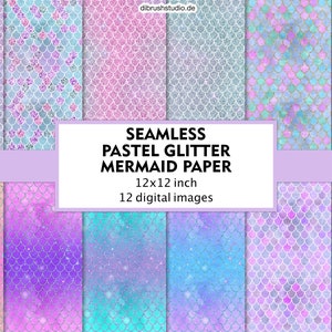 Pastel Mermaid Digital Paper, Seamless Mermaid Tail Scale Textures, Glitter Light, Rainbow Printable Scrapbook Paper