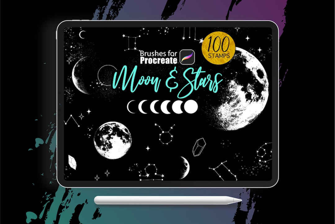 Procreate - 100 Moon and Stars Stamps - Tattoo, Brush, Galaxy, Moon ...