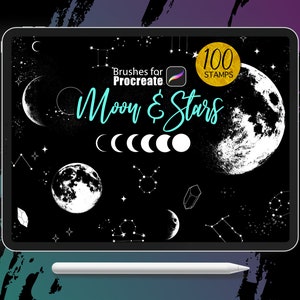 Procréer - 100 Timbres Lune et Étoiles - Tatouage, Pinceaux, Univers, Phase Lune, Astronomie, Galaxie, Zodiaque, LICENCE COMMERCIALE