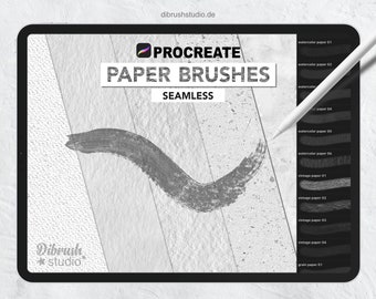 May include: A digital tablet screen displaying a set of Procreate paper brushes. The brushes are seamless and include watercolor, vintage, and grain paper textures. The text "Procreate Paper Brushes Seamless" is displayed on the screen.