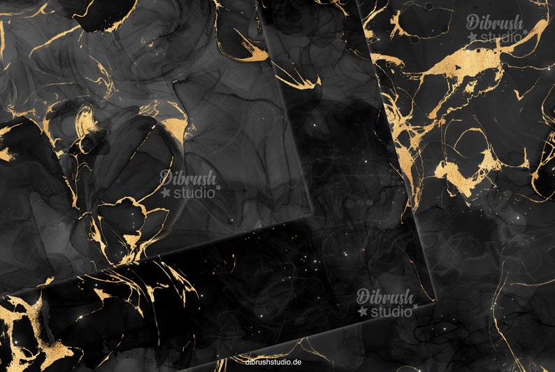 Alcohol Ink Black Gold Marble Digital Paper Seamless Textures, Glitter, Printable Patterns, Scrapbook Paper, Gold Foiled, Commercial Use image 2