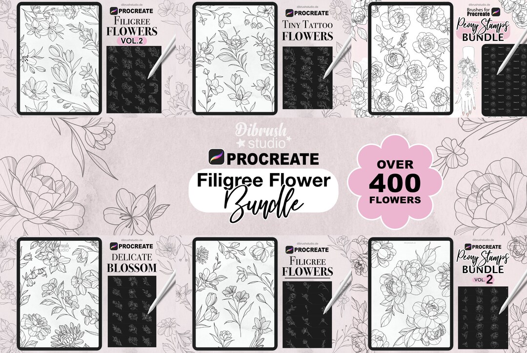 Procreate - Flower Bundle VOL. 1, Tiny Tattoo Flower Filigree Stamps ...