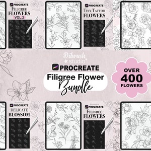 Procreate - Zestaw tatuaży kwiatowych VOL. 1, Filigree Flowers - Zastosowanie komercyjne, Pędzle Procreate