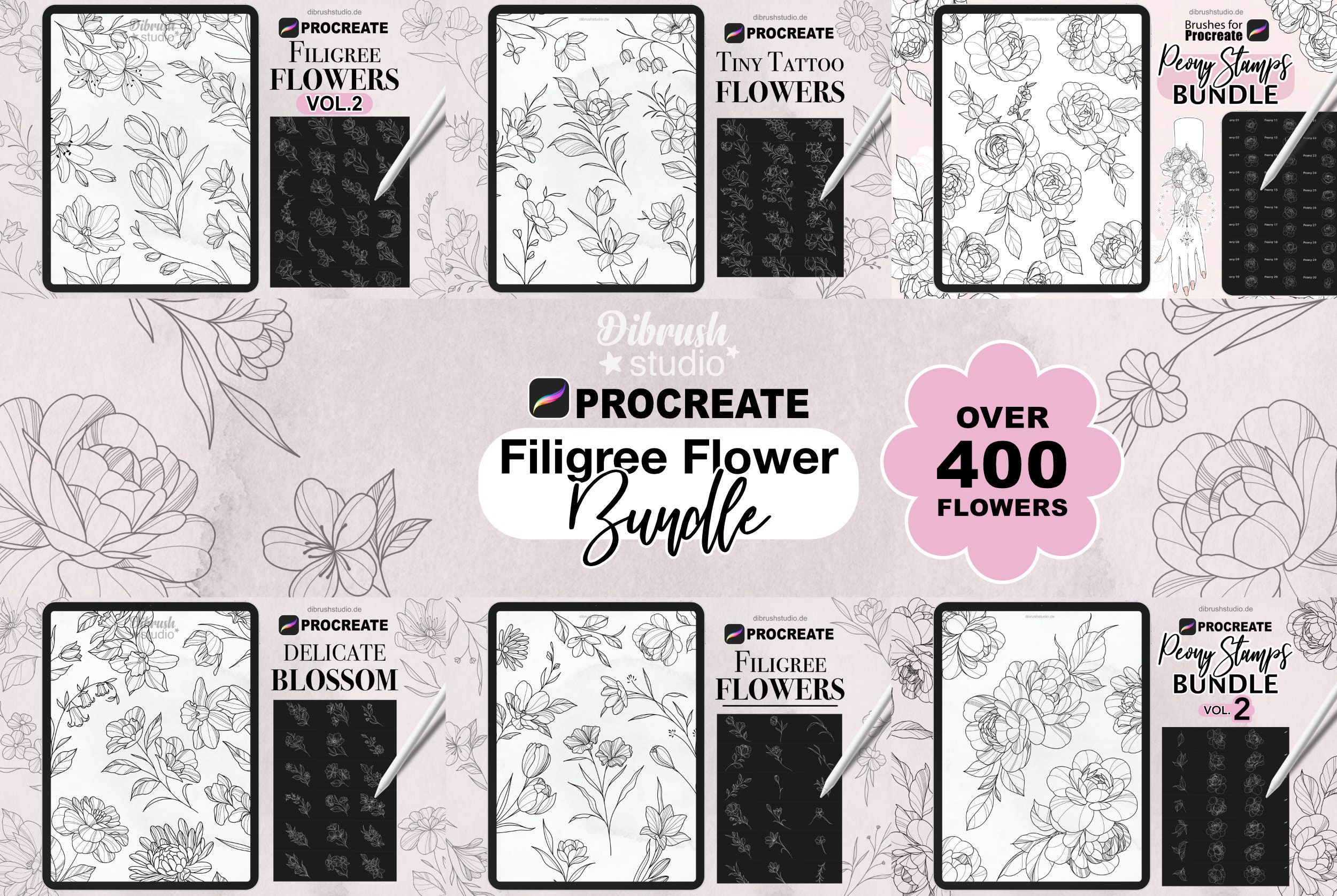Procreate Flower Bundle Vol. 1 – Pinceles de sello de flores y filigrana de línea fina (400+), uso comercial