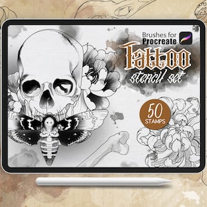 50 pennelli Procreate - Set di stencil di base per tatuaggi - Strumento per tatuaggio grafico con teschio grafico per timbri, uso commerciale