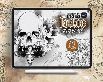 50 Procreate Brushes - Tattoo Basic Stencil Set - Stamp Template Graphic Skull Insect Graphic Tattoo Tool, Commercial Use