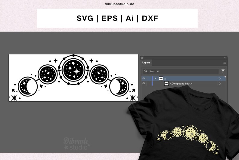 May include: Black and white vector graphic of a crescent moon with stars, a full moon with stars, and a half moon with stars. The moons are connected by a chain of small circles. The graphic is on a white background.