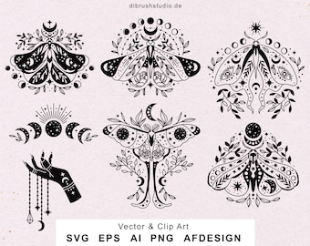 May include: Six black and white illustrations of moths with moon and star details. The moths are surrounded by floral elements and crescent moons. The illustrations are perfect for crafting, scrapbooking, and digital design projects.