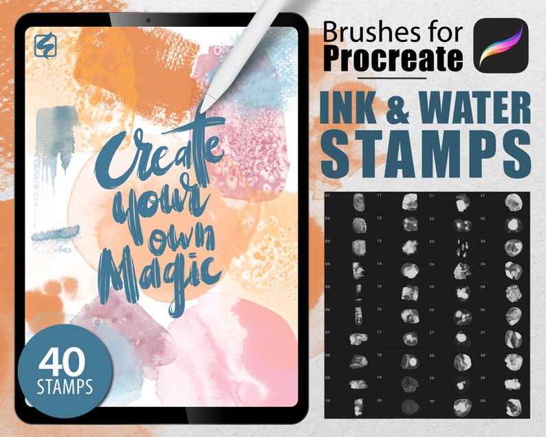 40 Procreate Ink and Water Stamps brush set, watercolor, ink stains, watercolor brush, download, digital image 1