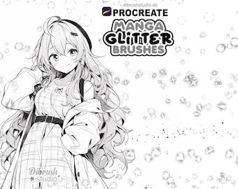 May include: Black and white illustration of a woman with long hair wearing a plaid shirt and jacket. The background is filled with white stars and circles. The text "Procreate Manga Glitter Brushes" is in the upper right corner of the image.