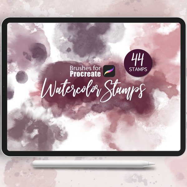 44 Procreate Watercolor Stamps - brush set, water stains, watercolor brush, download, digital