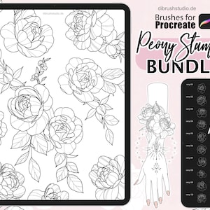 Procreate - 100 Peony Tattoo Stamps -  Commercial Use, Procreate Brushes