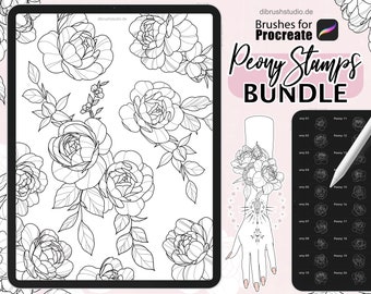 Procreate - 100 Peony Tattoo Stamps -  Commercial Use, Procreate Brushes