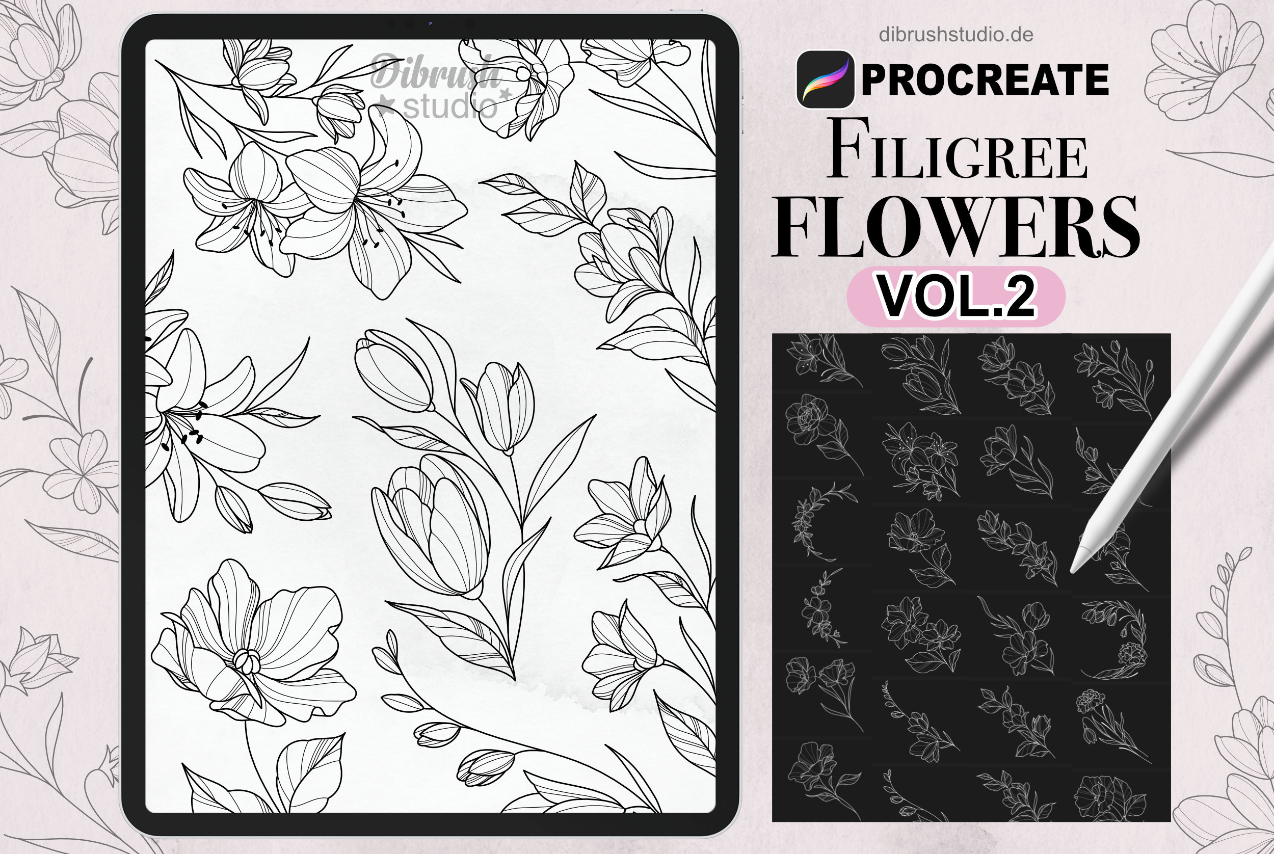 Sellos de tatuaje de flores filigrana para Procreate – 50 pinceles fineline de Procreate para uso comercial