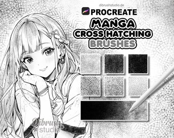 May include: A set of Procreate manga cross hatching brushes for digital art. The brushes are shown as different textures and patterns in black and white.