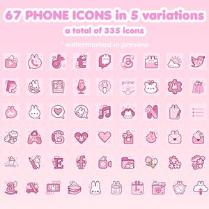 May include: A set of 67 pink phone icons in 5 variations, totaling 335 icons. The icons feature a variety of designs, including animals, flowers, and geometric shapes.