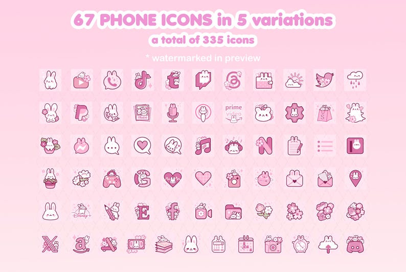 May include: A set of 67 pink phone icons in 5 variations, totaling 335 icons. The icons feature a variety of designs, including animals, flowers, and geometric shapes.