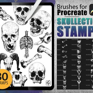30 Procreate Brushes - Skullection Brushset Bones Tattoo Skull Download Stamp