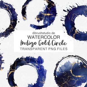 Watercolor Indigo Gold Brush Stroke Overlay PNG, Blue Gold Brush Circle PNG, Scrapbook Gold Marble Clipart, Commercial Use