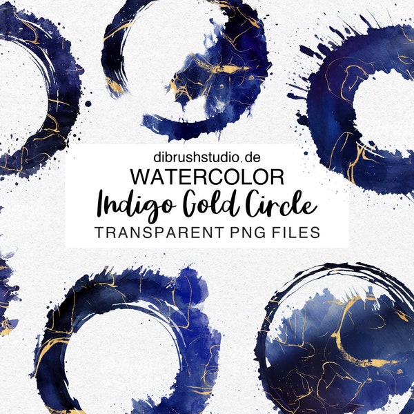 Watercolor Blau Gold Pinselkreis Overlay - Brushstroke Indigo Gold ClipArt, Gold Marmor PNG, Watercolor Clip Art, Scrapbook